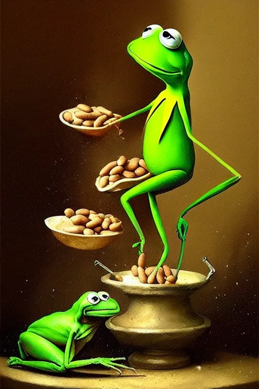 Image similar to hieronymus bosch, greg rutkowski, anna podedworna, painting of kermit the frog eating beans