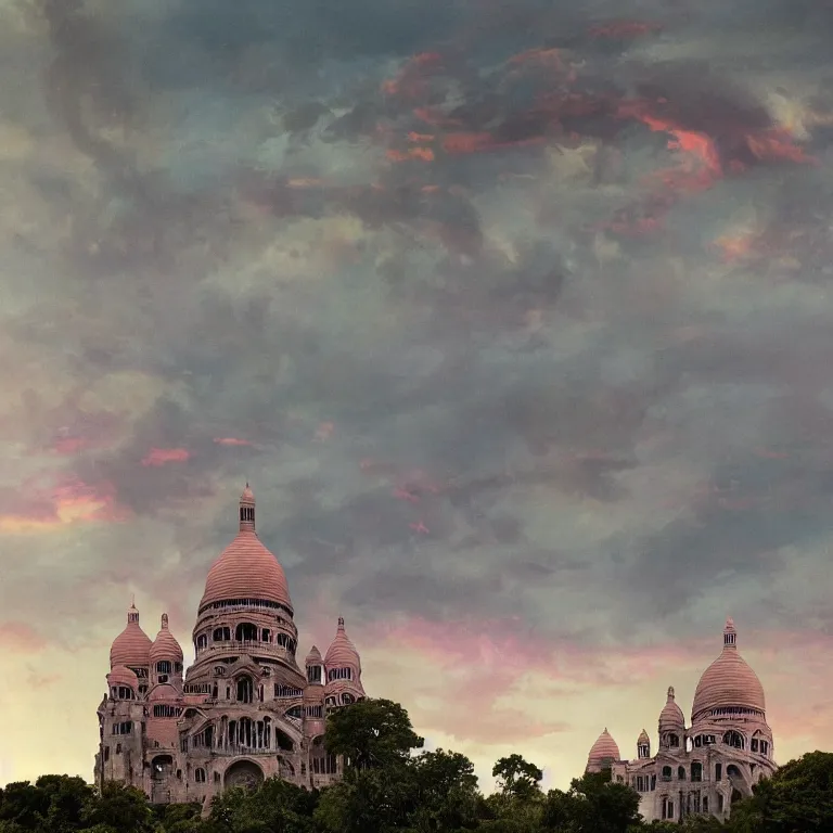 Image similar to abandoned Basilica of Sacré Coeur de Montmartre, toxic orange and pink clouds strain the sunlight, stark contrasting lighting, contrejour, a two-headed mutated deer-like creature looks on in the distance from the sparse twisted silhouetted foliage, a highly detailed colorful matte painting by Scott Listfield and Mikko Lagerstedt, featured on Artstation, Unreal Render, 8k HDR, fisheye