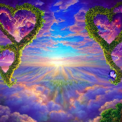 Prompt: a detailed fantasy painting of romantic hearts in the sky and big broccolis floating in the sky, by lauri blank, artgerm, evelyn de morgan, 8K, 50mm lens