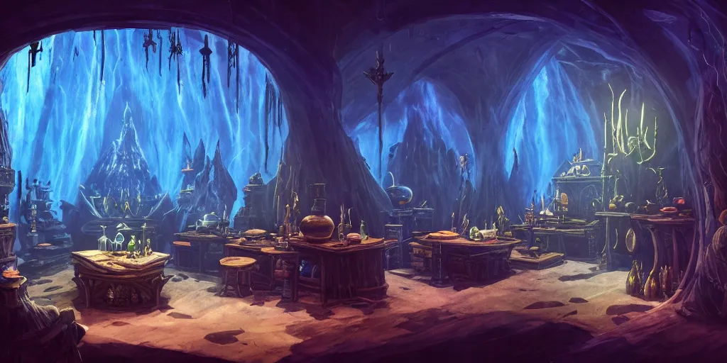 Image similar to interior of a dark wizards sanctum, blue light, cluttered with magical objects, spell books, potions, dramatic lighting, epic composition, wide angle, by miyazaki, nausicaa ghibli, breath of the wild