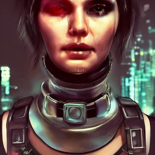 Image similar to detailed realistic female character cyberpunk wearing thick steel collar around neck, realistic, art, beautiful, 4K, collar, choker, collar around neck, punk, artstation, detailed, female, woman, choker, cyberpunk, neon, punk, collar, choker, collar around neck, thick collar, choker around neck, wearing choker, wearing collar,