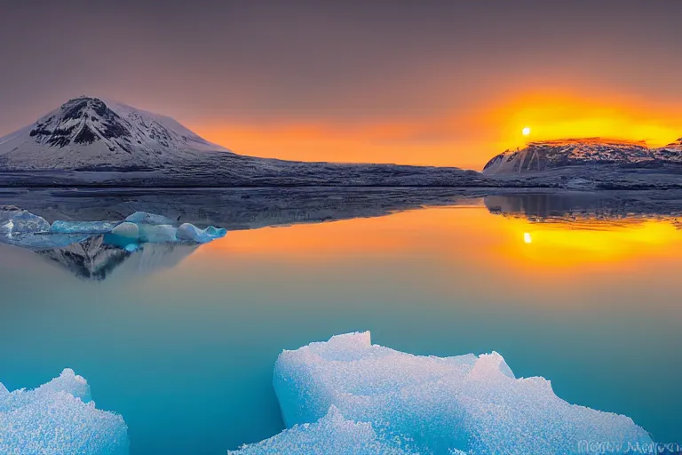 Image similar to landscape photography by marc adamus, glacial lake, jokulsarlon, sunset, lake