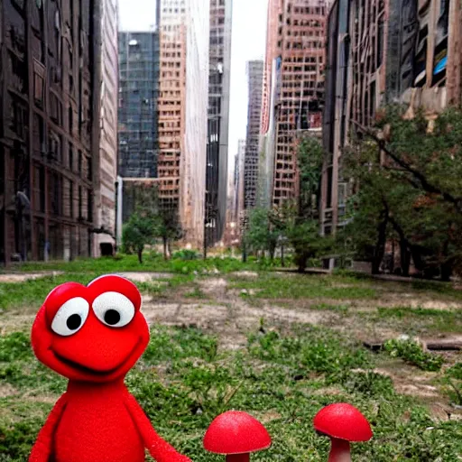 Image similar to beautiful dystopian deserted overgrown city red mushroom, muppets