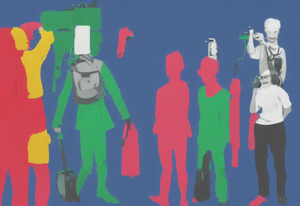 Image similar to full body portrait of a trio of european tourists with nikon cameras, rear views, character designs painting, in the style of wes anderson, rene magritte, lola dupre, david hockney, isolated on white background, dark monochrome neon spraypaint accents volumetric octane render