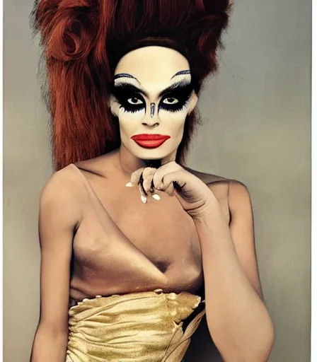 Image similar to a high quality, high detail, portrait of a drag queen by annie leibovitz, intense look in the eyes, moody, nostalgic