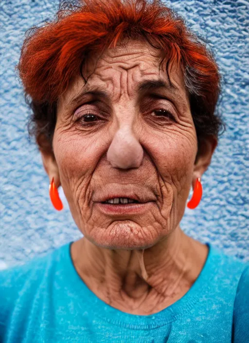 Prompt: Mid-shot portrait of a 60-year-old woman from Cyprus, happy, strong blue and orange colors, candid street portrait in the style of Martin Schoeller award winning, Sony a7R