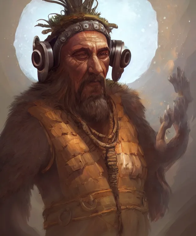 Image similar to Neolithic shaman wearing Virtual Reality set, prehistoric, semi realistic character concept art, character full body portrait painting, DeviantArt Artstation, by Jason Felix by Steve Argyle by Tyler Jacobson by Peter Mohrbacher, cinema