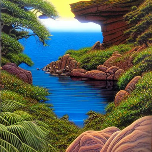 Image similar to Larry Elmore painting - You step to the edge of the rocky opening and peer over. You see a tranquil pond and a sandy beach 20 feet below. The opening’s bottom leads to a cave, its verdant flora a stark contrast to the rocky sides.