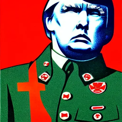 Prompt: ussr propaganda art demonstrating red army soldier looking as donald trump in world war two, pop art, detailed face