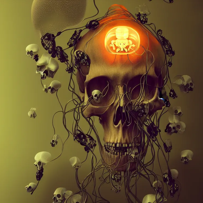 Image similar to portrait of skull and orchids, bio luminescent jellyfish, intricate artwork by Tooth Wu and wlop and beeple. octane render, trending on artstation, greg rutkowski very coherent symmetrical artwork. cinematic, hyper realism, high detail, octane render, 8k