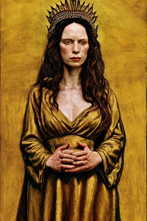 Prompt: Portrait of historically accurate, ancient biblical, sultry, sneering, evil, pagan, wicked, queen jezebel, wearing gilded robes, long hair, intricate, elegant, highly detailed, masterpiece, illustration, art by Andrew Wyeth, highly detailed, trending on artstation, award winning