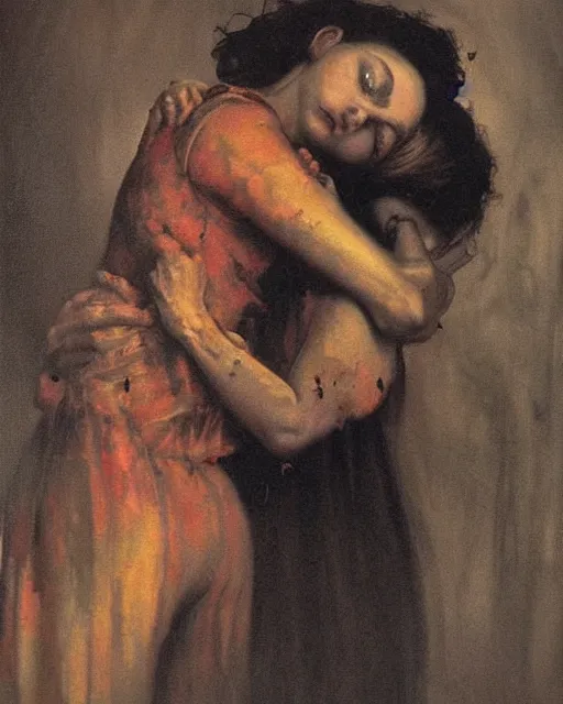 Image similar to a beautiful and eerie baroque painting of a brother and sister who are beautiful but creepy, in dead space, with haunted eyes and dark hair, 1 9 7 0 s, seventies, wallpaper, a little blood, morning light showing injuries, delicate embellishments, painterly, offset printing technique, by brom, robert henri, walter popp