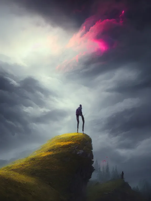 Image similar to photo of 8k ultra realistic lone man on hill surrounded by swirling clouds and lighting, dark, menacing, full of colour, cinematic lighting, battered, trending on artstation, 4k, hyperrealistic, focused, extreme details,unreal engine 5, cinematic, masterpiece, art by Peter Mohrbacher