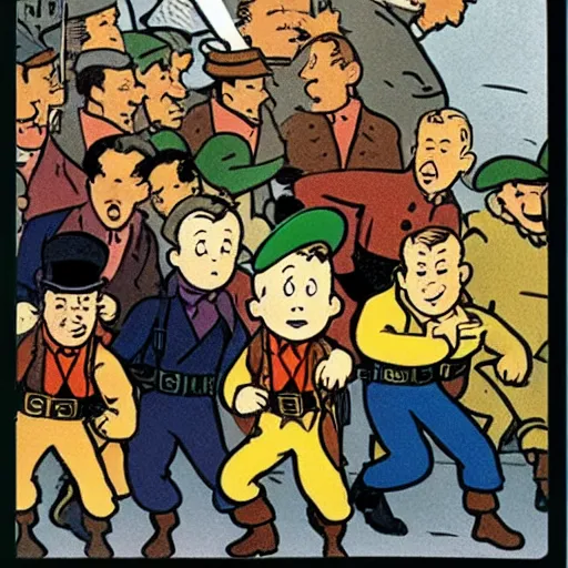 Image similar to Tintin and other revolutionaries on the barricades of Paris in 1848, The Adventures of Tintin, by Hergé, 8k