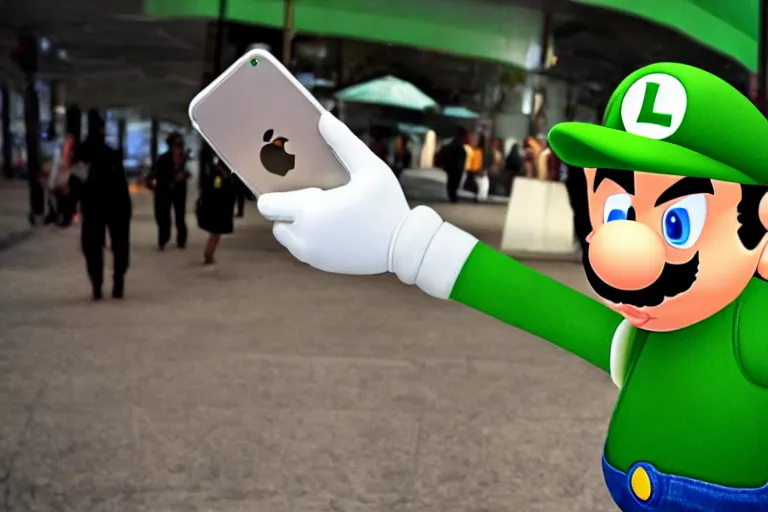 Prompt: real life luigi holding an iphone