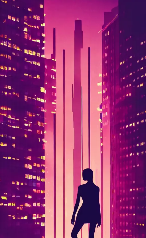 Image similar to vertical movie frame, silhouette of a girl in 7 0's retro club, editorial, fashion, neon - decorated urban on night in the city seen through the window, modern architecture design, vintage, night, blade runner, dark, clean lines, asian futuristic city at distance, big windows, octane, wide angle