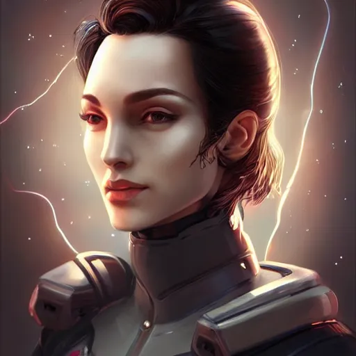 Image similar to portrait of a beautiful dark - haired androgynous space ranger, soft lightning, high detailed, detailed face, detailed eyes, intricate, elegant, smooth, sharp focus, high contrast, dramatic lighting, artstation, art by valentina remenar,