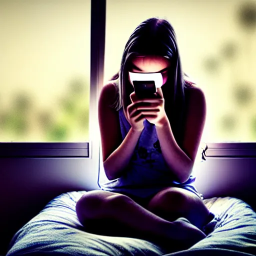 Image similar to teenage girl sitting at bedroom window staring down at her phone, a mushroom cloud outside lights the side of her face, intimate, dark, surreal photography