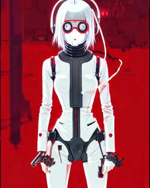 Prompt: white haired cyborg girl wearing a gas mask and red dress | | audrey plaza, fine detail!! anime!! realistic shaded lighting!! poster by ilya kuvshinov katsuhiro otomo ghost - in - the - shell, magali villeneuve, artgerm, jeremy lipkin and michael garmash and rob rey