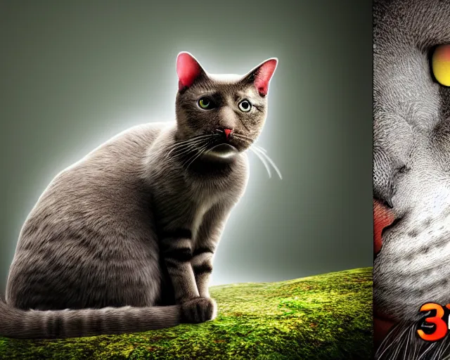 Image similar to a hyperrealistic 3 d render of an evil cat in a haunted forest, extreme wide shot
