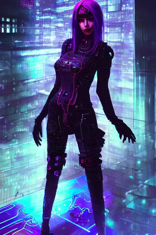 Image similar to portrait futuristic nefarious cyberpunk female Necromancer, in futuristic rainny thunder flashing tokyo rooftop cyberpunk night, ssci-fi, fantasy, intricate, very very beautiful, elegant, neon light, highly detailed, digital painting, artstation, concept art, soft light, hdri, smooth, sharp focus, illustration, art by tian zi and craig mullins and WLOP and alphonse mucha