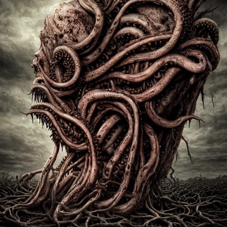 Prompt: ribbed alien face portrait, covered with tentacles, spines, roots and organic rotten flesh meat, baroque painting, standing in a desolate empty wasteland, creepy, nightmare, dream-like heavy atmosphere, surreal abandoned buildings, beautiful detailed intricate insanely detailed octane render trending on Artstation, 8K artistic photography, photorealistic, chiaroscuro, Raphael, Caravaggio, Beksinski, Giger