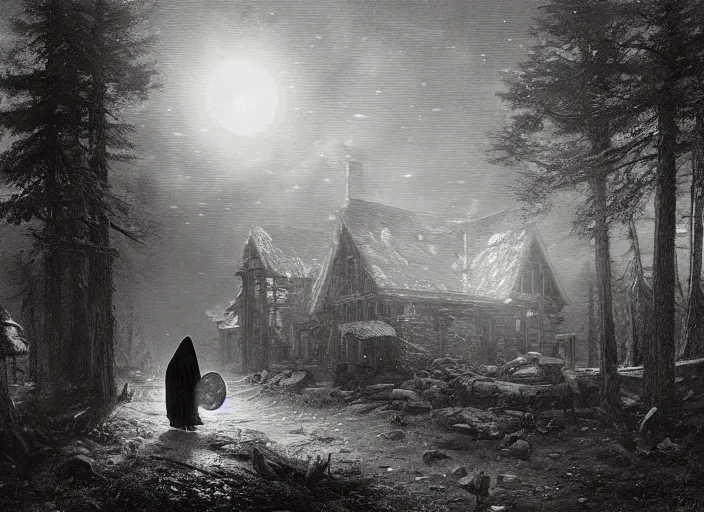 Prompt: A hooded figure carrying a torch approaches an abandoned tavern on a moonlit night, Ivan Shishkin and Greg Rutkowski