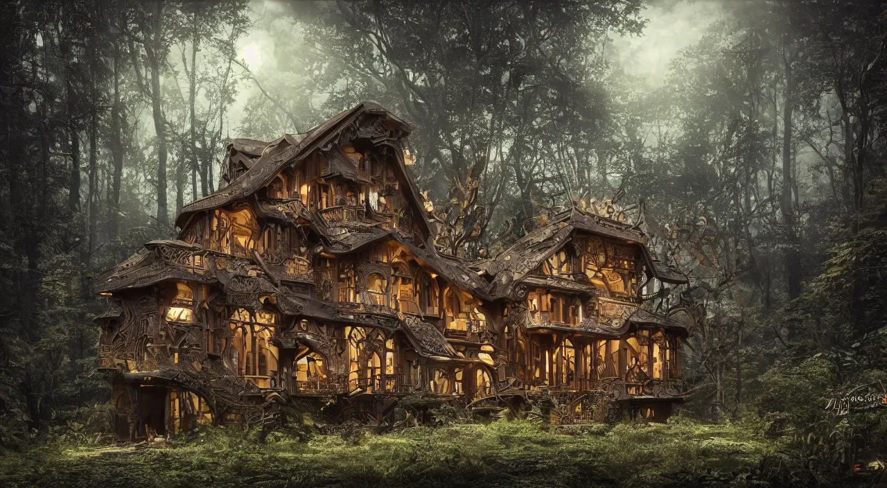 Image similar to a small wooden house built of carbon fibre surrounded by a dense forest, retro dark vintage sci-fi, matte illustration, highly detailed, baroque, crazy detail, intricate, elite, ornate, elegant, extravagant, dramatic lighting, CGsociety, hyper extremism, golden ratio, ambient key art, octane rendering, weta digital, micro detail, 3d sculpture, structures, ray tracing 8k