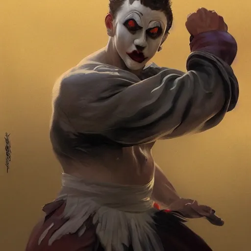 Image similar to martial art clown, dynamic pose, fighting highly detailed, digital painting, artstation, concept art, matte, sharp focus, illustration, art by Artgerm and Greg Rutkowski and Alphonse Mucha