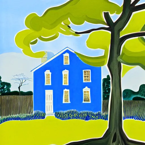 Image similar to a painting of a blue house under a tree, a gouache by charles e. burchfield, behance contest winner, american scene painting, storybook illustration, photoillustration, detailed painting