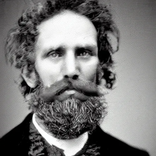 Image similar to A photograph portrait of Jerma985 with crazy hair and a pyramidal mustache in the late 1800s, taken in the late 1800s, 1870s, grainy, taken on a Field View Camera, realistic, hyperrealistic, very realistic, highly detailed, very detailed, extremely detailed, detailed, digital art, trending on artstation