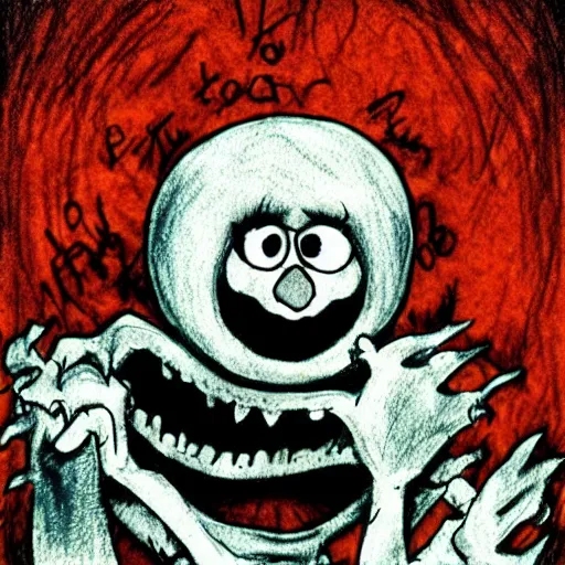 Prompt: grunge drawing of elmo by mrrevenge, corpse bride style, horror themed, detailed