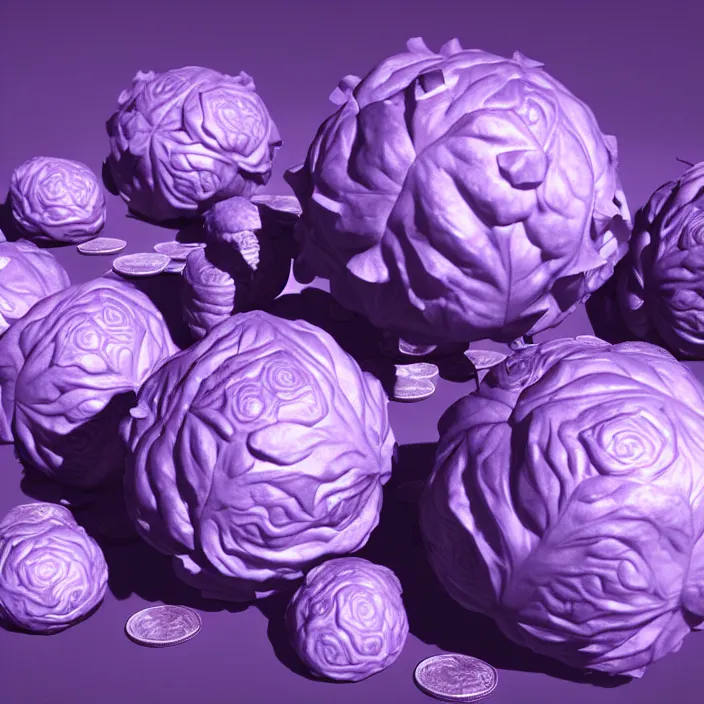 Image similar to high quality 3 d render very cute cabbages money dollar! party! highly detailed, unreal engine cinematic smooth, moody purple glow light, low angle, uhd 8 k, sharp focus