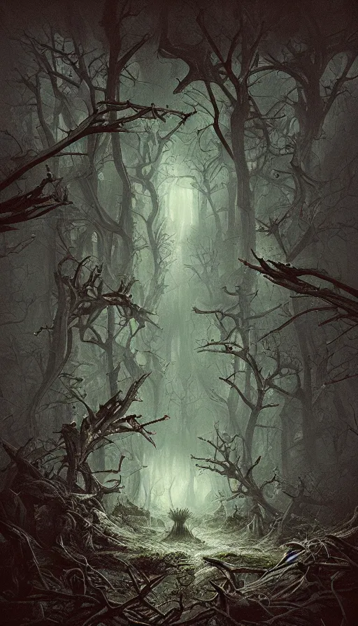 Image similar to a storm vortex made of many demonic eyes and teeth over a forest, by filip hodas