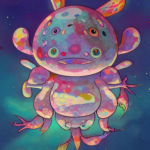 Image similar to axolotl by takashi murakami,, beeple and james jean, aya takano color style, 4 k, super detailed, night sky, digital art, digital painting, celestial, majestic, colorful