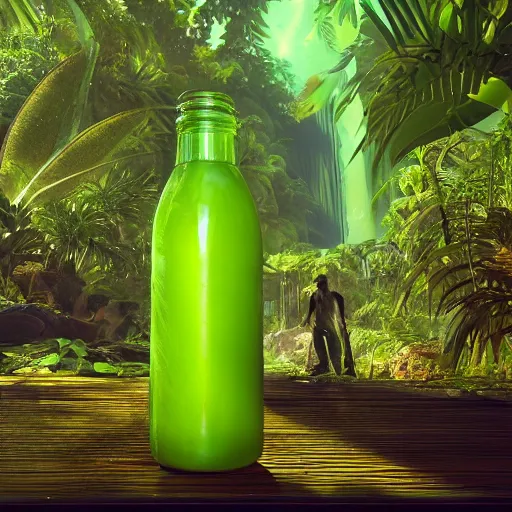 Image similar to green juice bottle in a luscious tropical grove with neon auroras, path traced, environment, highly detailed, concept art, realistic, octane render, up close shot shinji aramaki, karol bak, alphonse mucha