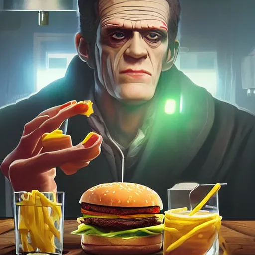 Image similar to Frankenstein eating hamburgers with extra ketchup and mustard, pickles, onions, lettuce, Big Macs, intricate, epic lighting, cinematic composition, hyper realistic, 8k resolution, unreal engine 5, by Artgerm, tooth wu, dan mumford, beeple, wlop, rossdraws, James Jean, Andrei Riabovitchev, Marc Simonetti, yoshitaka Amano, Artstation