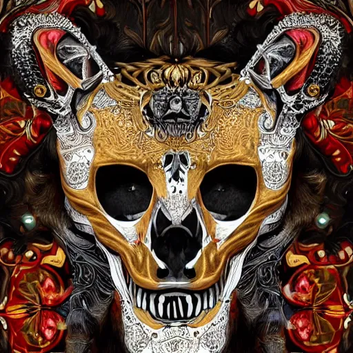 Image similar to photo portrait portrait of femine puma with skull pendant, wolf skull pedant, golden fur, symmetric, intricate skeletal decorations on ornate silks, symmetry, highly detailed, concept art, ornaments, black, red, white, gold layers, super moon, style of nekroxiii, hyperrealistic