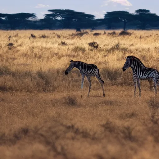 Prompt: A zebra-giraffe hybrid on the savannah, super wide shot, National Geographic