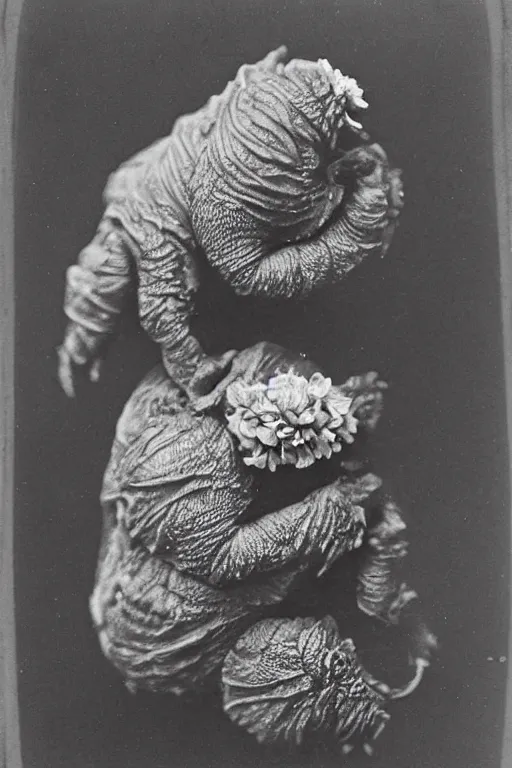 Image similar to tardigrade!!! daguerreotype portrait photograph. lots of flowers around the tardigrade. ansel adams. highly detailed. old timey.