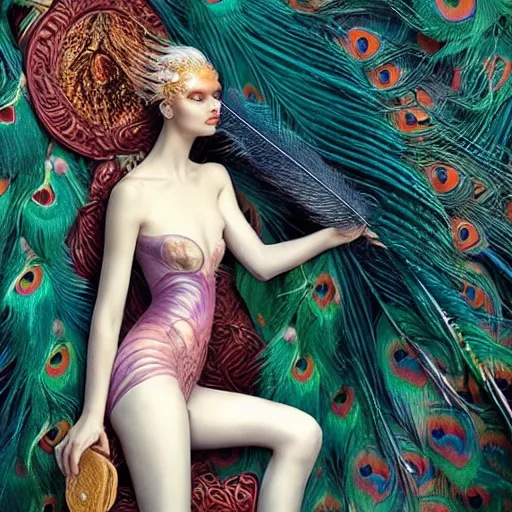 Prompt: pretty model with peacock feather and bird : : by martine johanna and simon stalenhag and chie yoshii and casey weldon and wlop : : ornate, dynamic, particulate, rich colors, intricate, elegant, highly detailed, vogue, harper's bazaar art, fashion magazine, smooth, sharp focus, 8 k, octane render