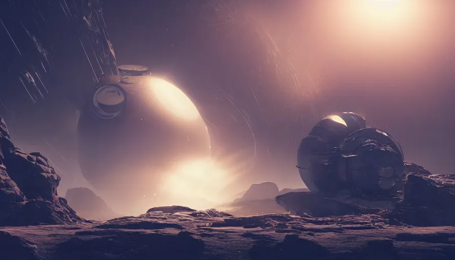 Image similar to large sci - fi mining device hooked to a planet's surface, volumetric light, dynamic lights and shadows, concept art, octane, redshift, detailed