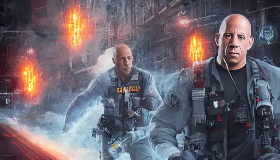 Image similar to Vin Diesel is a Ghostbuster, hyperdetailed, artstation, cgsociety, 8k