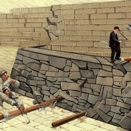 Prompt: Ronald Reagan and Mikhail Gorbachev destroying a large wall using hammers, digital art, trending on artstation, highly detailed