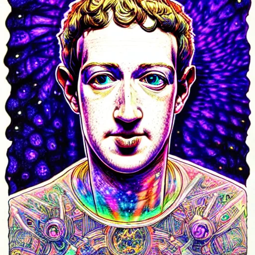 Image similar to the inner self of mark zuckerberg, clockwork engine, psychedelic, lsd, spiritual, mystical, epic beautifully detailed pen, ink and copic markers drawing by milo manara