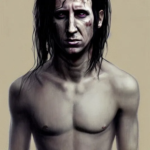 Image similar to color portrait of young and handsome trent reznor as a zombie with shoulder length hair, 7 days to die zombie, realistic proportions, fine art, award winning, intricate, elegant, sharp focus, cinematic lighting, digital painting, 8 k concept art, art by brom, art by guweiz and z. w. gu, art by michael hussar, 8 k