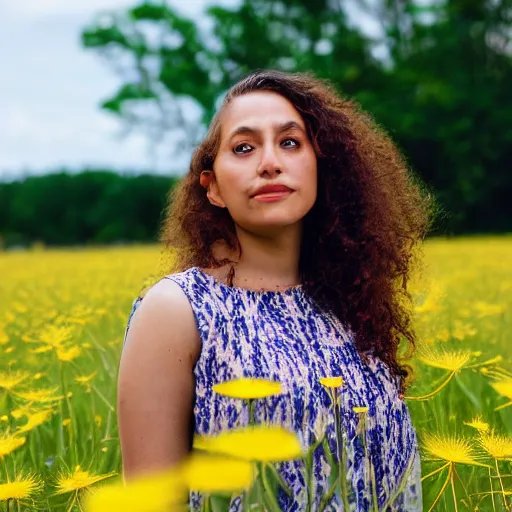 Prompt: a portrait of a beautiful 3 5 year old racially ambiguous woman, german, mexican, curly blond hair, standing in a field of soft focus dandelion flowers on a lovely spring day