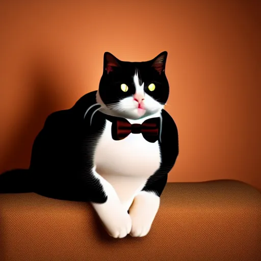 Image similar to a very fat and judgmental cat wearing a full tuxedo sitting in a dimly lit parlor lounge, high quality realistic photograph