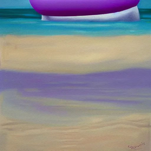 Image similar to an oil painting of a giant white styrofoam cup on the beach, the beach has purple water, surrealism