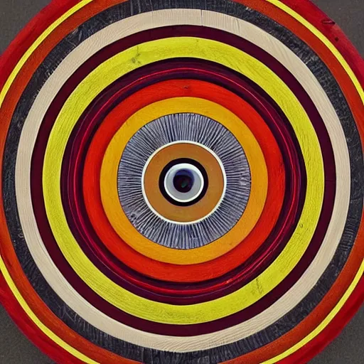 Image similar to a circular piece of wood with a pattern of red yellow and grey - blue eye shapes, radial symmetry, intricate, highly detailed